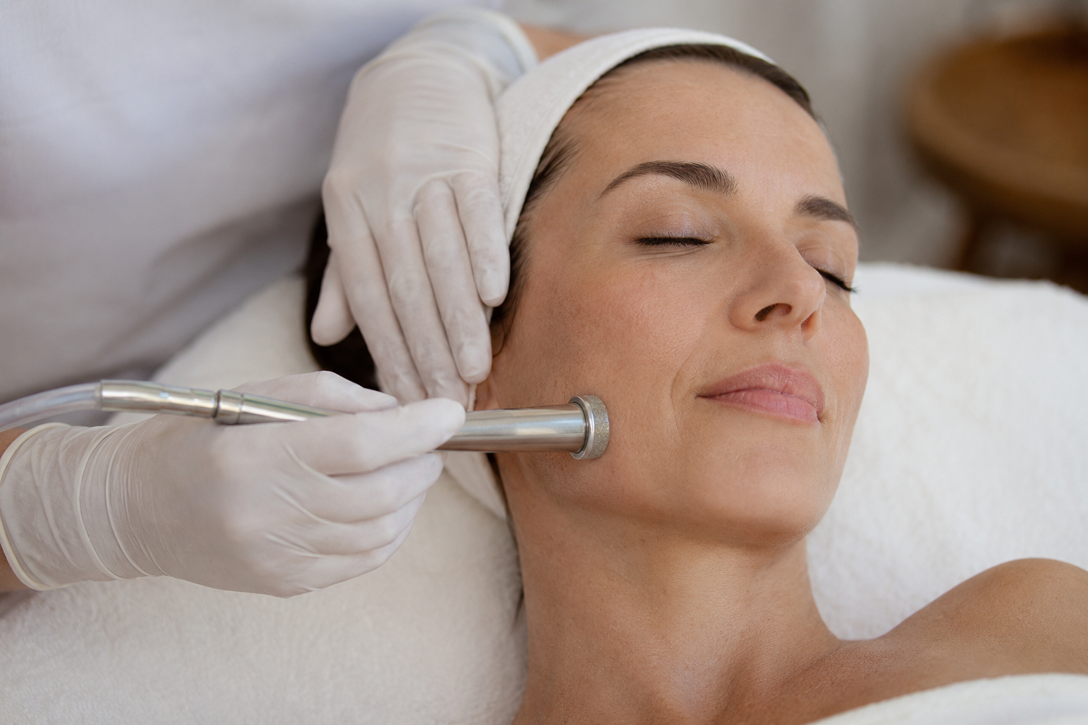 Escena ilustrativa creada con IA de microdermoabrasión facial con punta de diamante.