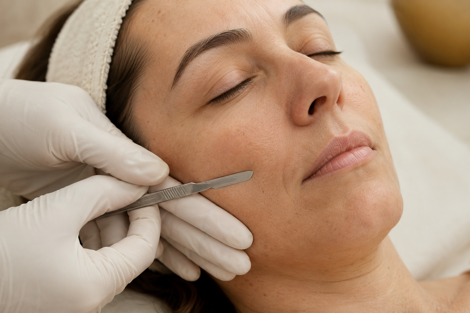 Imagen ilustrativa generada con IA de una exfoliación facial con bisturí cosmético