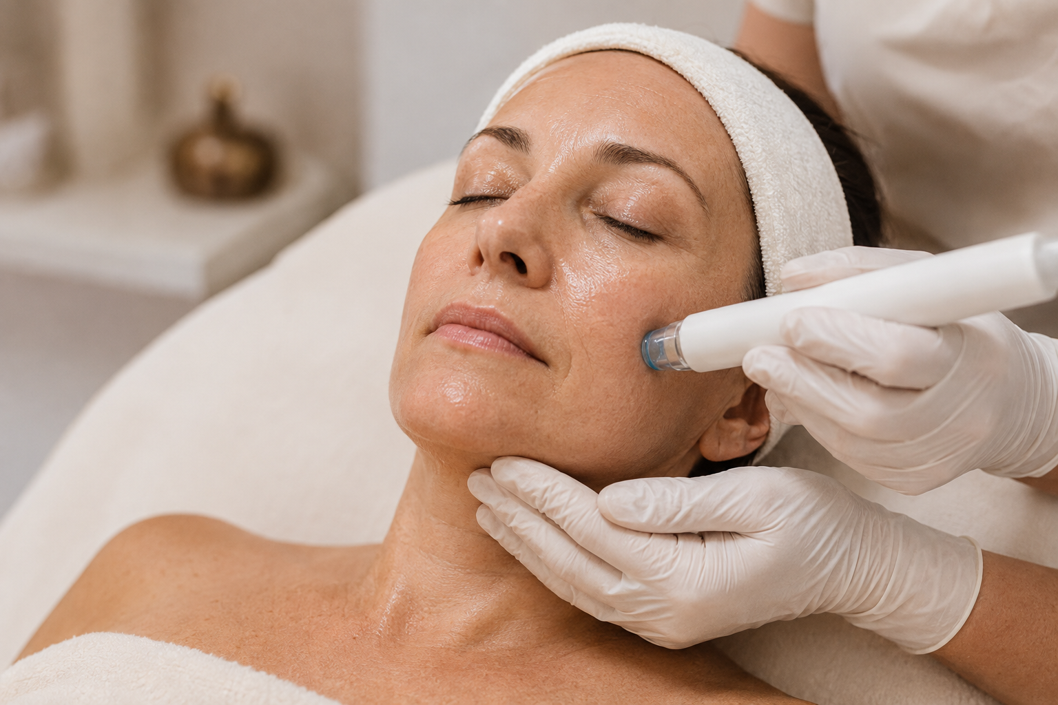 Escena ilustrativa creada con IA de limpieza facial por succión con un dispositivo sin marca.